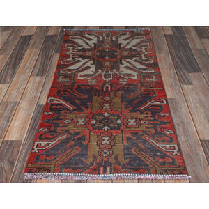2'x3'10" Crimson Red, Vintage Northwest Persian with Eagle Kazak Design, Cropped Thin, Zero Pile, Sides and Ends Professionally Secured, Hand Knotted, 100% Wool, Fragment, Mat, Oriental Rug FWR5868