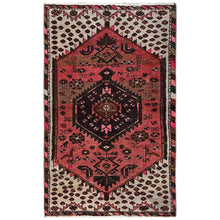 Load image into Gallery viewer, 2&#39;3&quot;x3&#39;7&quot; Rose Pink, Overdyed Vintage Persian Hamadan with Geometric Pattern, Small Animal Figurines, Hand Knotted, 100% Wool, Abrash, Sheared Low, Zero Pile, Sides and Ends Professionally Secured, Clean, Mat, Oriental Rug Sh979 FWR5874