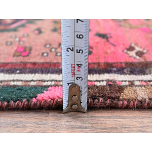 2'3"x3'7" Rose Pink, Overdyed Vintage Persian Hamadan with Geometric Pattern, Small Animal Figurines, Hand Knotted, 100% Wool, Abrash, Sheared Low, Zero Pile, Sides and Ends Professionally Secured, Clean, Mat, Oriental Rug Sh979 FWR5874
