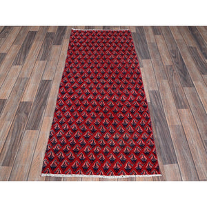 2'1"x5'1" Ajax Red, Vintage Persian Tabriz with Repetitive and Intricate Boteh Design, Shaved Down, Zero Pile, Sides and Ends Professionally Secured, Clean, Hand Knotted, Pure Wool, Fragment, Short & Narrow Runner, Oriental Rug FWR5886