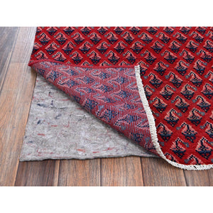 2'1"x5'1" Ajax Red, Vintage Persian Tabriz with Repetitive and Intricate Boteh Design, Shaved Down, Zero Pile, Sides and Ends Professionally Secured, Clean, Hand Knotted, Pure Wool, Fragment, Short & Narrow Runner, Oriental Rug FWR5886