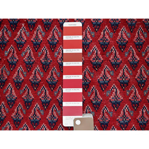 2'1"x5'1" Ajax Red, Vintage Persian Tabriz with Repetitive and Intricate Boteh Design, Shaved Down, Zero Pile, Sides and Ends Professionally Secured, Clean, Hand Knotted, Pure Wool, Fragment, Short & Narrow Runner, Oriental Rug FWR5886