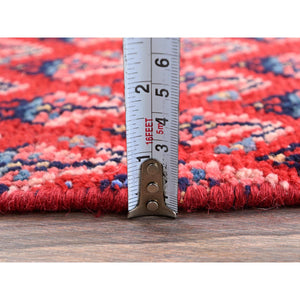 2'1"x5'1" Ajax Red, Vintage Persian Tabriz with Repetitive and Intricate Boteh Design, Shaved Down, Zero Pile, Sides and Ends Professionally Secured, Clean, Hand Knotted, Pure Wool, Fragment, Short & Narrow Runner, Oriental Rug FWR5886