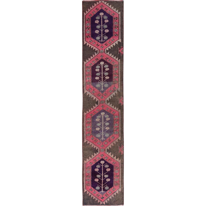 2'x11' Rouge Pink, Vintage Northwest Persian with Geometric Pattern, Shaved Low, Zero Pile, Evenly Worn, Sides and Ends Professionally Secured, Clean, Hand Knotted, Pure Wool, Narrow Runner, Oriental Rug Sh983 FWR5898