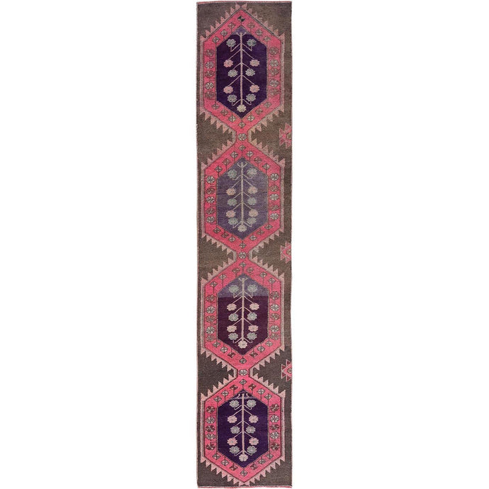 2'x11' Rose Pink, Vintage Northwest Persian with Geometric Pattern, Cropped Thin, Zero Pile, Even Wear, Sides and Ends Professionally Secured, Clean, Hand Knotted, Pure Wool, Narrow Runner, Oriental Rug Sh984 FWR5904