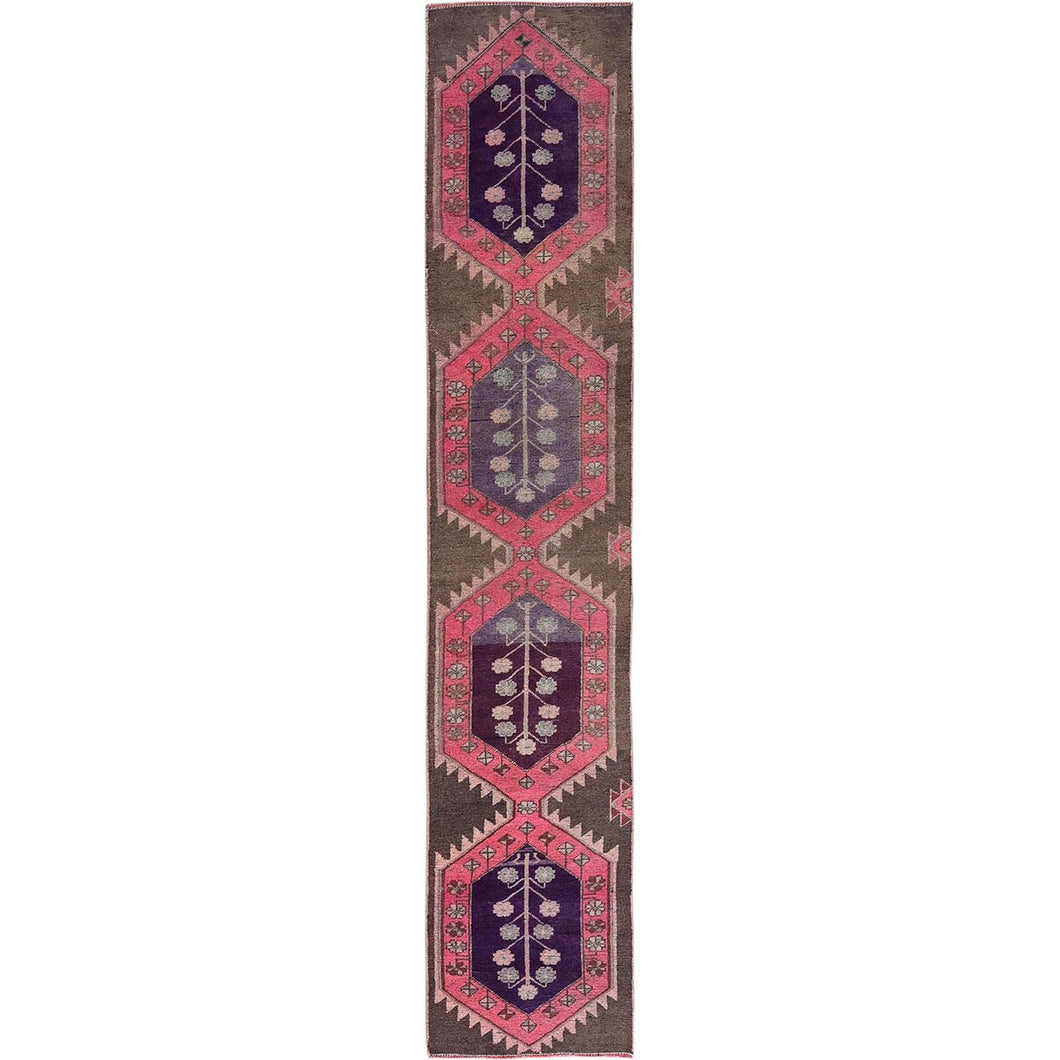2'x11' Rose Pink, Vintage Northwest Persian with Geometric Pattern, Cropped Thin, Zero Pile, Even Wear, Sides and Ends Professionally Secured, Clean, Hand Knotted, Pure Wool, Narrow Runner, Oriental Rug Sh984 FWR5904