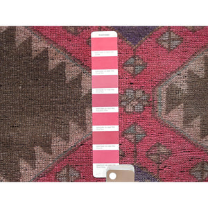2'x11' Rose Pink, Vintage Northwest Persian with Geometric Pattern, Cropped Thin, Zero Pile, Even Wear, Sides and Ends Professionally Secured, Clean, Hand Knotted, Pure Wool, Narrow Runner, Oriental Rug Sh984 FWR5904