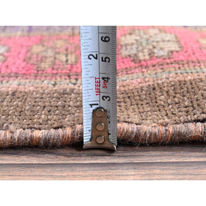2'x11' Rose Pink, Vintage Northwest Persian with Geometric Pattern, Cropped Thin, Zero Pile, Even Wear, Sides and Ends Professionally Secured, Clean, Hand Knotted, Pure Wool, Narrow Runner, Oriental Rug Sh984 FWR5904