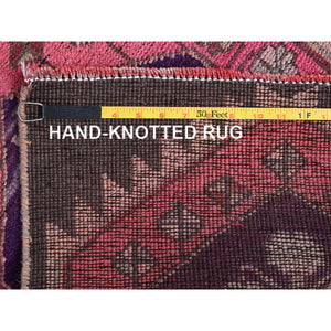 2'x11' Rose Pink, Vintage Northwest Persian with Geometric Pattern, Cropped Thin, Zero Pile, Even Wear, Sides and Ends Professionally Secured, Clean, Hand Knotted, Pure Wool, Narrow Runner, Oriental Rug Sh984 FWR5904