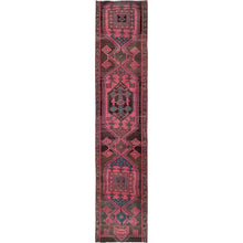 Load image into Gallery viewer, 2&#39;6&quot;x12&#39;4&quot; Rouge Pink, Overdyed Vintage Persian Hamadan with Geometric Pattern, Worn and Distressed, Hand Knotted, 100% Wool, Cropped Thin, Zero Pile, Sides and Ends Professionally Secured, Clean, Runner, Oriental Rug Sh985 FWR5910