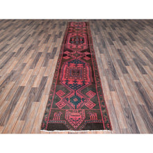 Load image into Gallery viewer, 2&#39;6&quot;x12&#39;4&quot; Rouge Pink, Overdyed Vintage Persian Hamadan with Geometric Pattern, Worn and Distressed, Hand Knotted, 100% Wool, Cropped Thin, Zero Pile, Sides and Ends Professionally Secured, Clean, Runner, Oriental Rug Sh985 FWR5910