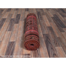 Load image into Gallery viewer, 2&#39;6&quot;x12&#39;4&quot; Rouge Pink, Overdyed Vintage Persian Hamadan with Geometric Pattern, Worn and Distressed, Hand Knotted, 100% Wool, Cropped Thin, Zero Pile, Sides and Ends Professionally Secured, Clean, Runner, Oriental Rug Sh985 FWR5910