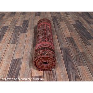 2'6"x12'4" Rouge Pink, Overdyed Vintage Persian Hamadan with Geometric Pattern, Worn and Distressed, Hand Knotted, 100% Wool, Cropped Thin, Zero Pile, Sides and Ends Professionally Secured, Clean, Runner, Oriental Rug Sh985 FWR5910
