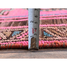 Load image into Gallery viewer, 2&#39;6&quot;x12&#39;4&quot; Rouge Pink, Overdyed Vintage Persian Hamadan with Geometric Pattern, Worn and Distressed, Hand Knotted, 100% Wool, Cropped Thin, Zero Pile, Sides and Ends Professionally Secured, Clean, Runner, Oriental Rug Sh985 FWR5910