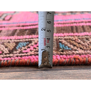 2'6"x12'4" Rouge Pink, Overdyed Vintage Persian Hamadan with Geometric Pattern, Worn and Distressed, Hand Knotted, 100% Wool, Cropped Thin, Zero Pile, Sides and Ends Professionally Secured, Clean, Runner, Oriental Rug Sh985 FWR5910