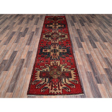 Load image into Gallery viewer, 2&#39;4&quot;x9&#39; Scarlet Red, Vintage Persian Karajeh With Geometric Medallions, Sheared Low, Zero Pile, Evenly Worn, Sides And Ends Professionally Secured, Clean, Hand Knotted, Pure Wool, Narrow Runner, Oriental Rug FWR5916