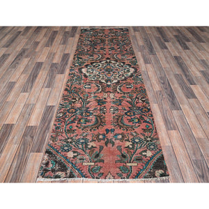 2'8"x8'3" Blush Red, Vintage Persian Lilahan With Medallion Design, Sheared Low, Zero Pile, Evenly Worn, Sides And Ends Professionally Secured, Clean, Hand Knotted, Pure Wool, Fragment Runner, Oriental Rug FWR5928