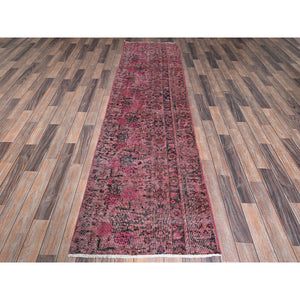 2'6"x9'3" Rose Pink, Overdyed Vintage Persian Tabriz, Sheared Low, Zero Pile, Distressed and Worn, Sides and Ends Professionally Secured, Hand Knotted, Pure Wool, Fragment Runner, Oriental Rug Sh989 FWR5934