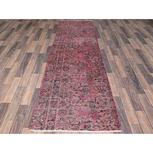 2'7"x8'10" Rouge Pink, Overdyed Vintage Persian Tabriz, Shaved Down, Zero Pile, Distressed And Worn, Sides And Ends Professionally Secured, Hand Knotted, Pure Wool, Fragment Runner, Oriental Rug FWR5940