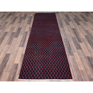 2'4"x8'4" Spruce Blue with Wine Red, Vintage Persian Tabriz with Small and Intricate All Over Paisley Design, Shaved Down, Zero Pile, Sides and Ends Professionally Secured, Clean, Hand Knotted, Pure Wool, Narrow Runner, Oriental Rug Sh991 FWR5946