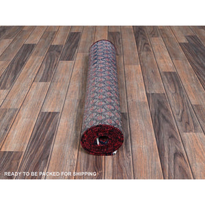 2'4"x8'4" Spruce Blue with Wine Red, Vintage Persian Tabriz with Small and Intricate All Over Paisley Design, Shaved Down, Zero Pile, Sides and Ends Professionally Secured, Clean, Hand Knotted, Pure Wool, Narrow Runner, Oriental Rug Sh991 FWR5946