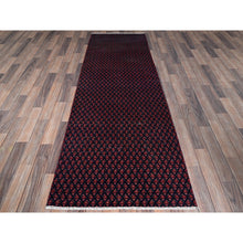 Load image into Gallery viewer, 2&#39;9&quot;x8&#39;4&quot; Midnight Blue with Wine Red, Vintage Persian Tabriz with Small and Intricate All Over Paisley Design, Cropped Thin, Zero Pile, Sides and Ends Professionally Secured, Clean, Hand Knotted, Pure Wool, Runner, Oriental Rug Sh992 FWR5952