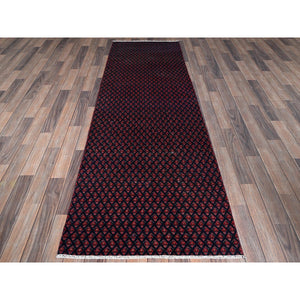 2'9"x8'4" Midnight Blue with Wine Red, Vintage Persian Tabriz with Small and Intricate All Over Paisley Design, Cropped Thin, Zero Pile, Sides and Ends Professionally Secured, Clean, Hand Knotted, Pure Wool, Runner, Oriental Rug Sh992 FWR5952