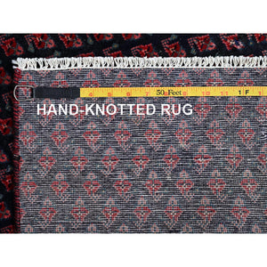 2'9"x8'4" Midnight Blue with Wine Red, Vintage Persian Tabriz with Small and Intricate All Over Paisley Design, Cropped Thin, Zero Pile, Sides and Ends Professionally Secured, Clean, Hand Knotted, Pure Wool, Runner, Oriental Rug Sh992 FWR5952