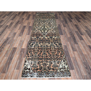 2'7"x9'1" Beige, Vintage Persian Hussainabad With All Over Design, Hand Knotted, 100% Wool, Sheared Low, Zero Pile, Sides And Ends Professionally Secured, Clean, Fragment, Runner, Oriental Rug FWR5964