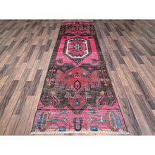Load image into Gallery viewer, 3&#39;x9&#39;8&quot; Hot Pink, Overdyed Vintage Persian Hamadan With Geometric Pattern, Worn And Distressed, Hand Knotted, 100% Wool, Cropped Thin, Zero Pile, Sides And Ends Professionally Secured, Clean, Runner, Oriental Rug FWR5982