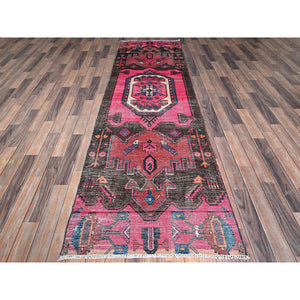 3'x9'8" Hot Pink, Overdyed Vintage Persian Hamadan With Geometric Pattern, Worn And Distressed, Hand Knotted, 100% Wool, Cropped Thin, Zero Pile, Sides And Ends Professionally Secured, Clean, Runner, Oriental Rug FWR5982