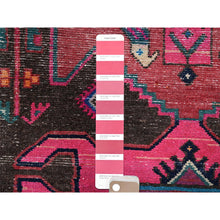 Load image into Gallery viewer, 3&#39;x9&#39;8&quot; Hot Pink, Overdyed Vintage Persian Hamadan With Geometric Pattern, Worn And Distressed, Hand Knotted, 100% Wool, Cropped Thin, Zero Pile, Sides And Ends Professionally Secured, Clean, Runner, Oriental Rug FWR5982