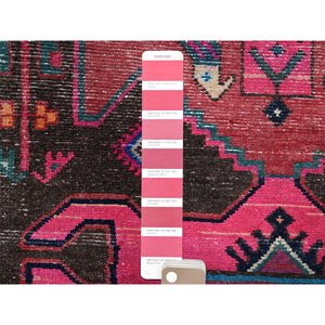 3'x9'8" Hot Pink, Overdyed Vintage Persian Hamadan With Geometric Pattern, Worn And Distressed, Hand Knotted, 100% Wool, Cropped Thin, Zero Pile, Sides And Ends Professionally Secured, Clean, Runner, Oriental Rug FWR5982