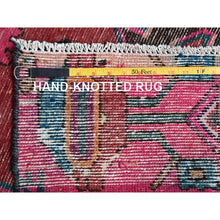 Load image into Gallery viewer, 3&#39;x9&#39;8&quot; Hot Pink, Overdyed Vintage Persian Hamadan With Geometric Pattern, Worn And Distressed, Hand Knotted, 100% Wool, Cropped Thin, Zero Pile, Sides And Ends Professionally Secured, Clean, Runner, Oriental Rug FWR5982