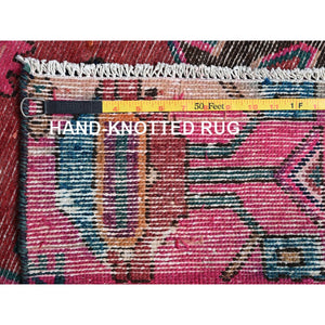 3'x9'8" Hot Pink, Overdyed Vintage Persian Hamadan With Geometric Pattern, Worn And Distressed, Hand Knotted, 100% Wool, Cropped Thin, Zero Pile, Sides And Ends Professionally Secured, Clean, Runner, Oriental Rug FWR5982