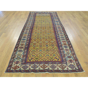 4'x9'10" Yellow Antique Caucasian Dagestan Vegetable Dyes Wide Runner Rug FWR169380