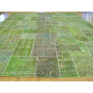 13'2"x15'8" Overdyed Patchwork Worn Down Tabriz Pure Wool Handmade Oversize Rug FWR170778