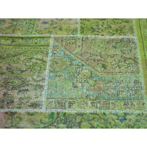 13'2"x15'8" Overdyed Patchwork Worn Down Tabriz Pure Wool Handmade Oversize Rug FWR170778
