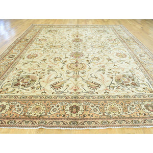 9'8"x12'10" Ivory Antique Persian Tabriz Hand-Knotted Full Pile Oriental Rug FWR192822