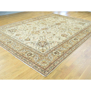 9'8"x12'10" Ivory Antique Persian Tabriz Hand-Knotted Full Pile Oriental Rug FWR192822