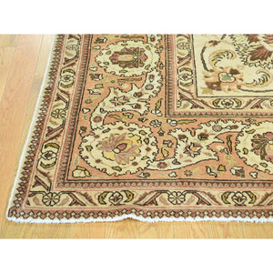 9'8"x12'10" Ivory Antique Persian Tabriz Hand-Knotted Full Pile Oriental Rug FWR192822