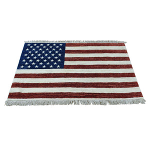 2'7"x3'10" Hand-Knotted Pure Wool Peshawar American Flag Wall Hanging Rug FWR218736