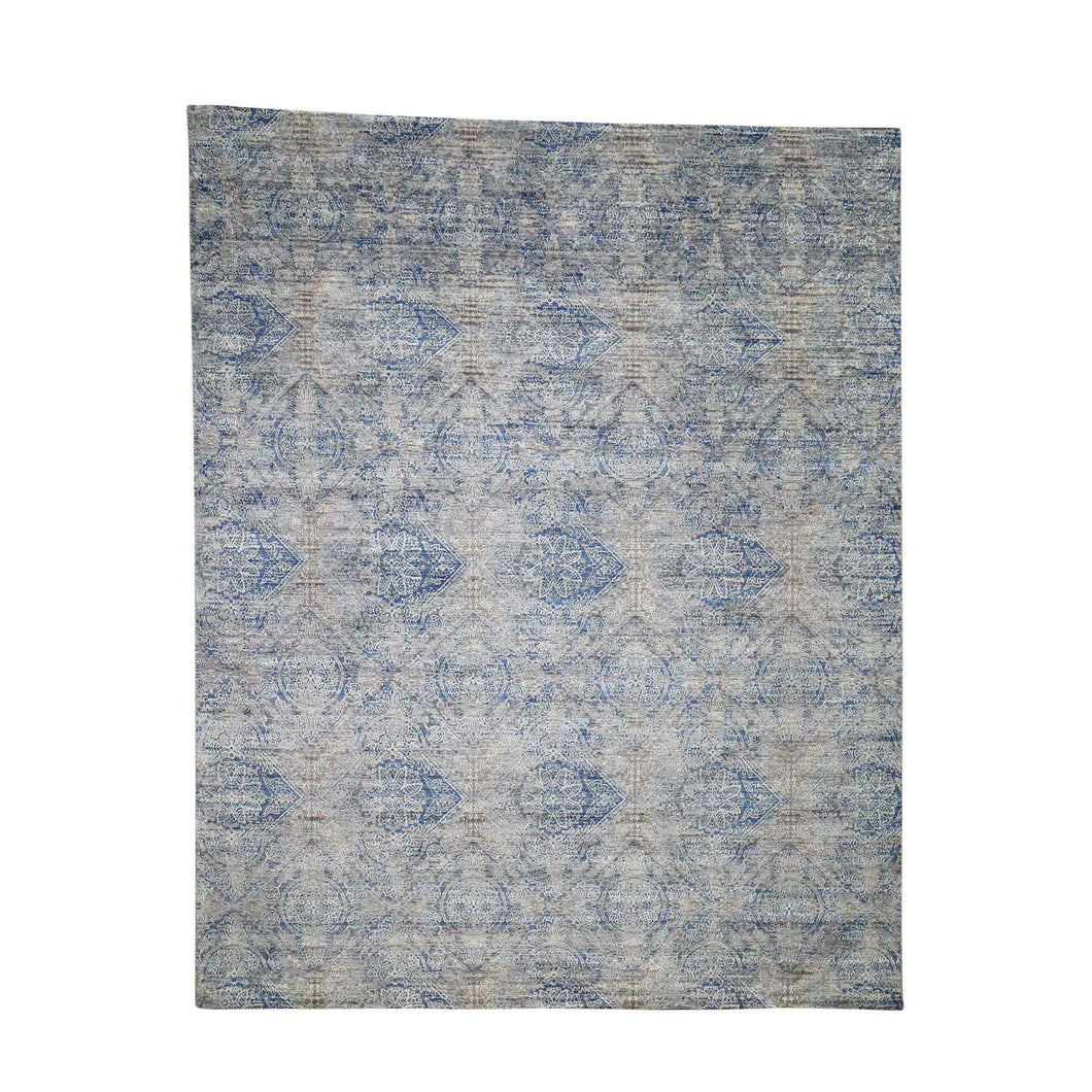 8'x10' Silk With Textured Wool Denim Blue Erased Rosette Design Hand-Knotted Oriental Rug FWR265404
