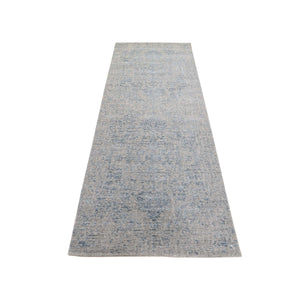 2'5"x9'10" Jacquard Hand-Loomed Silken Grey Broken Persian Heriz Design Runner Oriental Rug FWR273414