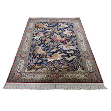 Load image into Gallery viewer, 4&#39;4&quot;x6&#39;8&quot; Navy Blue Vintage Persian Silk Qum Hunting Design With Poetry Hand-Knotted Oriental Rug FWR277164