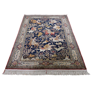4'4"x6'8" Navy Blue Vintage Persian Silk Qum Hunting Design With Poetry Hand-Knotted Oriental Rug FWR277164