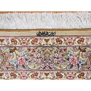 3'3"x5' Beige Silk Qum Persian Signed 600 KPSI Hand Knotted Oriental Rug FWR289062