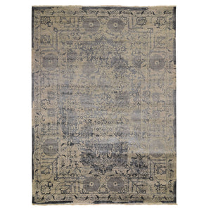 9'1"x12' Gray Wool And Silk Transitional Erased Persian Design Hand Knotted Oriental Rug FWR290142