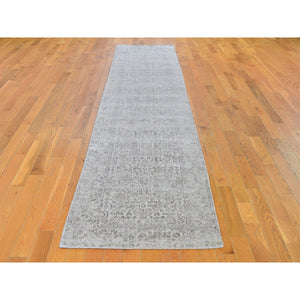2'5"x12' Beige Hand Loomed Wool and Plant Based Silk Fine Jacquard with Erased Design Oriental Runner Rug FWR297480