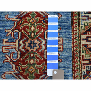 2'1"x3' Super Kazak Pure Wool Blue Geometric Design Hand-Knotted Oriental Rug FWR300450